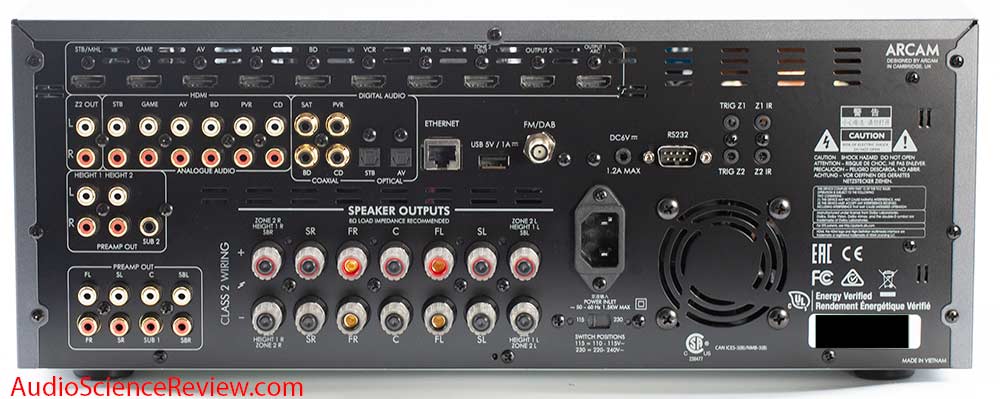 ARCAM AVR390 HDMI Home Theater AVR Dolby Back Panel Connectors Inputs Audio Review.jpg