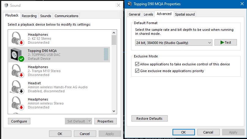 D90 MQA Sound Control Panel Properties - Set Sample Rate to maximum bit depth and rate for  D9...JPG