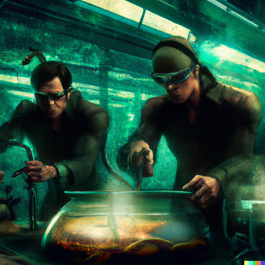 DALL·E 2022-06-20 14.34.17 - engineers cooking snakes in oil in a laboratory in digital art cy...png