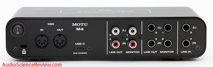 Motu M4 4 channel Audio Interface DAC 4x4 Back Panel Inputs Outputs TRS Headphone Amplifier Au...jpg