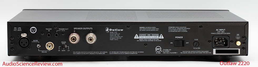 Outlaw 2220 Review Back panel balanced XLR Trigger Monoblock audio Power Amplifier.jpg