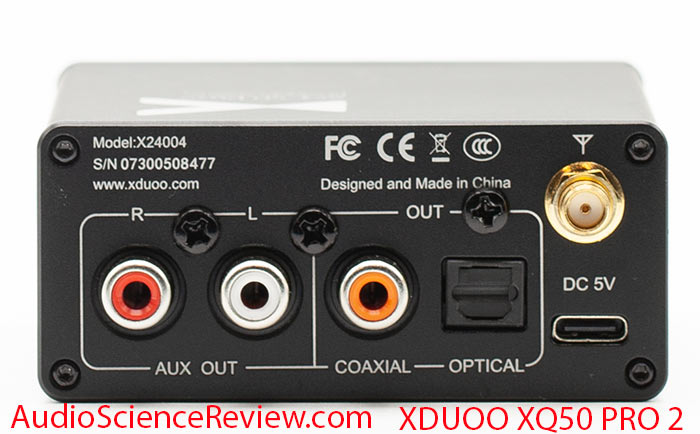 Xduoo XQ-50 Pro2 Bluetooth Receiver RCA DAC DNR back panel toslink coax Review.jpg